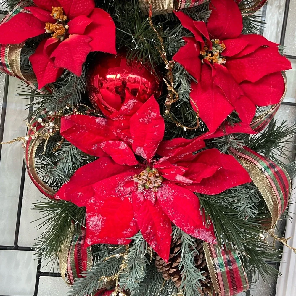 **Red Poinsettia Christmas Teardrop Swag Wreath Front door